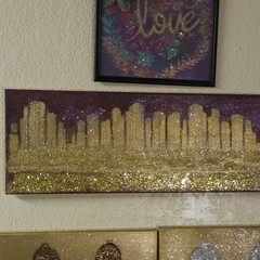 Glitter Gold City Skyline Cityscape Painting, Contemporary Art, Unframed