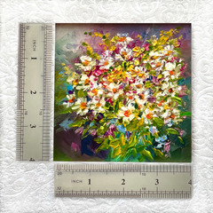 Bouquet Daisies Original Oil Painting Wildflowers Impasto Small Art 4×4 In OS