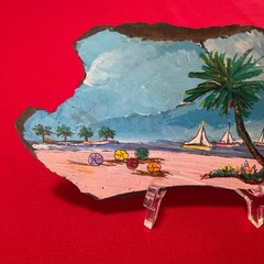 Vintage Acrylic On Slate Beach Scene With Sailboats Connecticut Signed Lucio