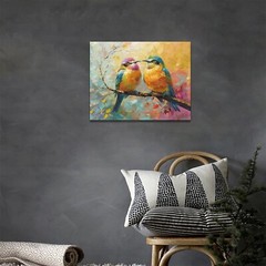 Abstract Birds Canvas Wall Art Couple Birds Standing on Branch Oil Painting P…