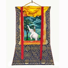 Silk Brocade Mounted Four Best Friends Thangka, Four Harmonious Animals -Friends