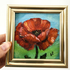 Framed Red Poppy Mini Signed Original Oil Painting 4×4 Bright Floral Wall Art