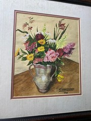 R Habermann 1966 „Still Life With Flowers Scene“ Gouache Painting -Signed/Framed