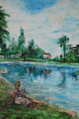 Original Hecto Vidal Oil Painting Reading By The Lake Cuban Country Scene 14×11