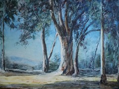 ALFRED DEWEY, LISTED EARLY CALIFORNIA EUCALYPTUS LANDSCAPE PLEIN AIR CALIF OIL