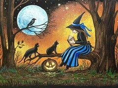 5×7 print of painting RYTA ART SALEM Cat Witch Haunted House Halloween Folk Art