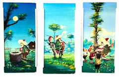 Vtg Set of 3 Oil Paintings Turkish Folk Hero Nasreddin Hodja Masonite Art Board