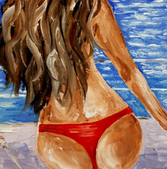 Oil painting.Girl in a hat on a yacht looks into the distance.Modern mini art.