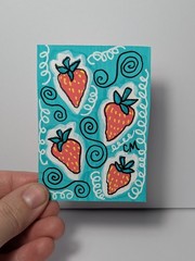 Original ACEO Abstract Strawberry Cartoon Acrylic Paint Markers Art By CM