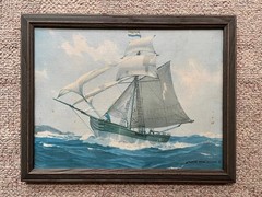 Original Hunter Wood Signed Maritime Oil Painting on Canvas Schooner 1930’s