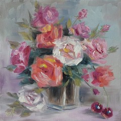 Romantic Roses Still Life Original Oil Painting Impressionist Floral Wall Decor