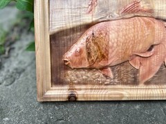 Carpfishing Fisherman Catches Carp Large Wood Carving Multicolor Picture Woodwor