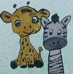 Zebra Giraffe 3×3 ORIGINAL PAINTING FOLK ART WHIMSICAL STORYBOOK CUTE ANIMAL GAT