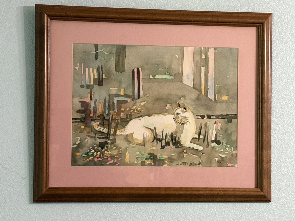 VTG Painting J Wood Hallmark Watercolor Abstract Cat 17×21 Signed Matted Framed