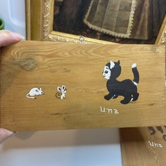2 Vintage Cat And Mouse, Monkey Painting on Wood Hand Painted Signed