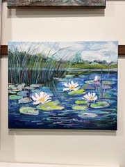 Water Lilies Original Mixed-Media painting Lily pond Lotus Сanvas wall-art