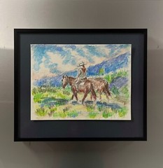 Original Watercolor Painting Horse Rider Remington Inspired Western FRMD Art CoA