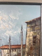 Original Oil Painting Art Fishing Boats Northern Harbor Seascape Signed W. Jones