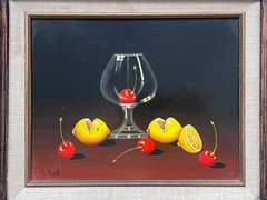Vintage Maria M. Lak Oil Painting Cherries Citrus Still Life Framed
