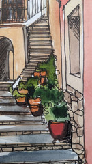 Сityscape Watercolor Original Painting European Architecture Old Town Artwork