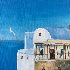 Small 5″ x 7″ Signed Painting on Canvas Greek Island, Seaside, Water, Buildings