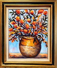 Oil Painting Vase of Flowe Olive Jar Floral Still Life Impressionistic Original