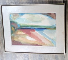 MCM Abstract Watercolor Landscape orig custom frame signed J. Nagler 21″ X 27″