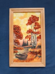 Painting From Amber Stones Autumn Landscape Boat 27 cm x 16 cm, 178 g