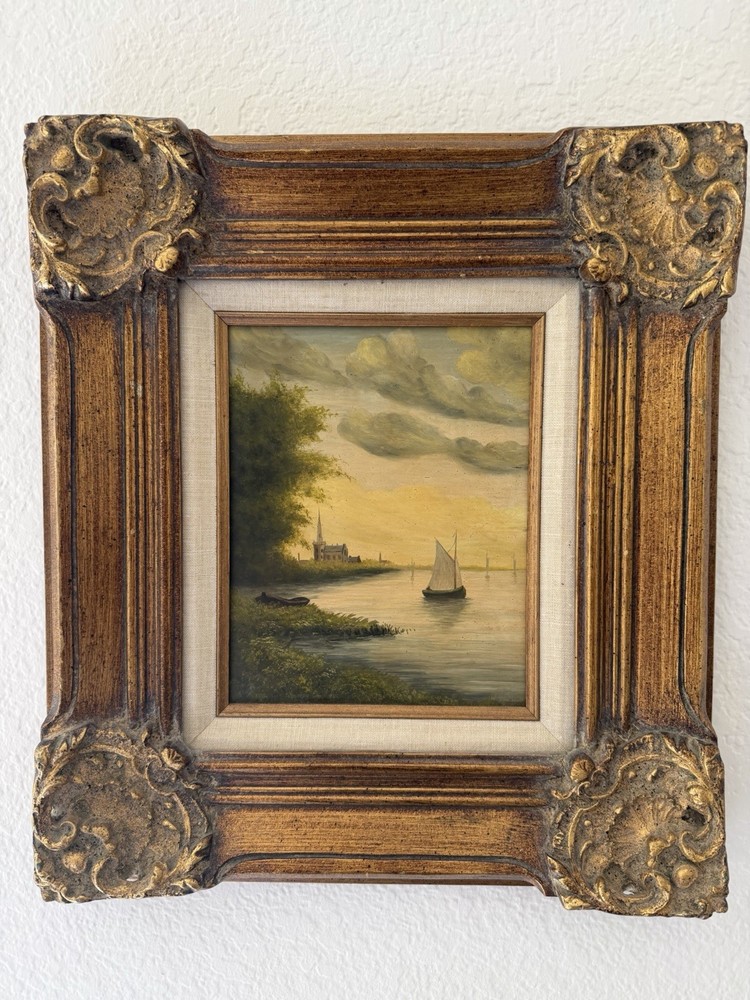 Antique Signed Oil Painting Sailboat Harbor Landscape Ornate Frame