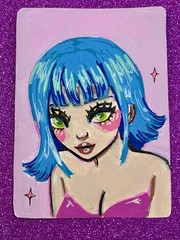 ACEO Original Art OOAK Painting Pastel Dreamers #19 Blue hair Portrait ATC Art