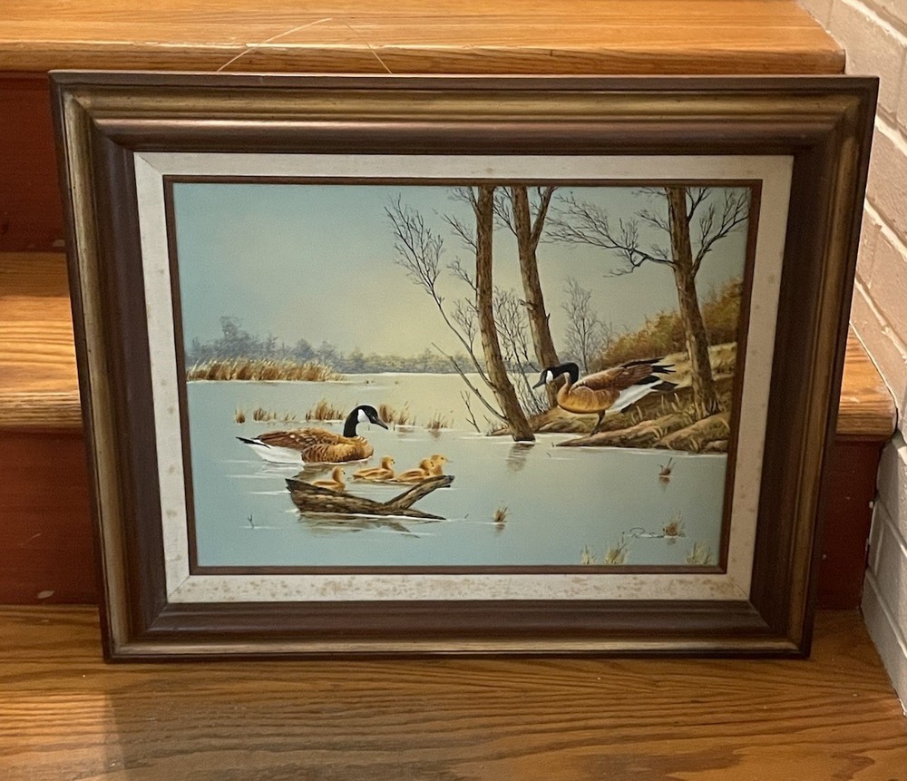 Vintage Geese W Chicks In Marsh Oil Painting By R SMITH, Wooden Framed, 18×22”