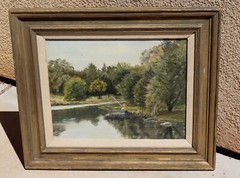 Mid Century Impressionist original oil painting Boy Fishing signed with monogram