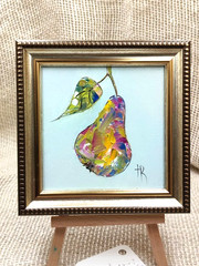Original Oil Painting 4×4 in Framed Signed Pear Fruit Floral Impasto Art