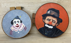 2 Clown Art Paintings On Canvas vintage round Vintage Signed