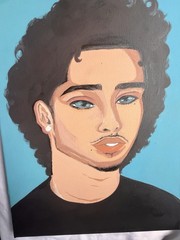 Original Hand Painted Man Portrait Painting on Canvas Blue Background Unframed