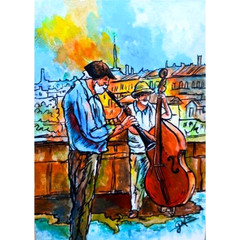 ACEO Original Street Musicians in Prague Music Pop Art Acrylic Hand Painting NEW