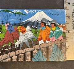 Vintage Miniature Folk Art Painting Leather Tigua Ecuador Andes 4.5” X 3.5”