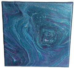 Abstract Fluid Pour Painting Iridescent Teal 8″ X 8″ Canvas Acrylic Decor Art