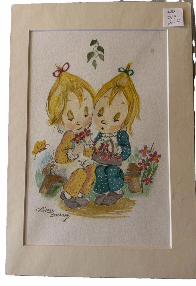 Lissie Borring “The Twins” Original Signed Watercolor Painting Matted Vintage