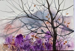 7X10 Original Pamela Wilhelm Watercolor Purple Garden Birds Treetops
