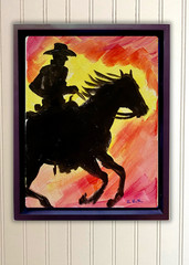 Original Acrylic Cowboy Riding Galloping Horse Silhouette 9×12″ Signed CanvasArt