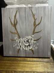 “Antlers And Poppies” 3D Painting On Wrapped Canvas 13.5 X 13.5 X 1.5 Inches