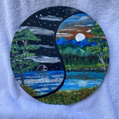 Primative Origional Ying Yang Painting On 12’ Circle Plywood