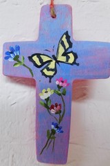 Wood Cross with Butterfly flowers and quote Original Art Painting by Rain Crow