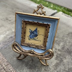 Vintage Gold Miniature Framed butterfly Painting On Gold metal Easel