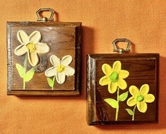 Vintage Pair Retro Impasto Daisy Floral Paintings On Wood Hangable 1970s
