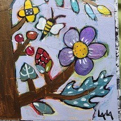 Folk Art ORIGINAL Tree Bird Flower Branch Berry Botanical Bee Nature Whimsy Bugs