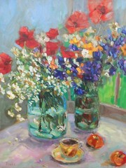 Original Painting poppies and chamomile Art Impressionistic Oil 19x 23in