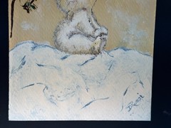 D. ROSSI OIL PAINTING HAPPY SMILING BABY POLAR BEAR CUB WINTER SPRING SNOW TREE