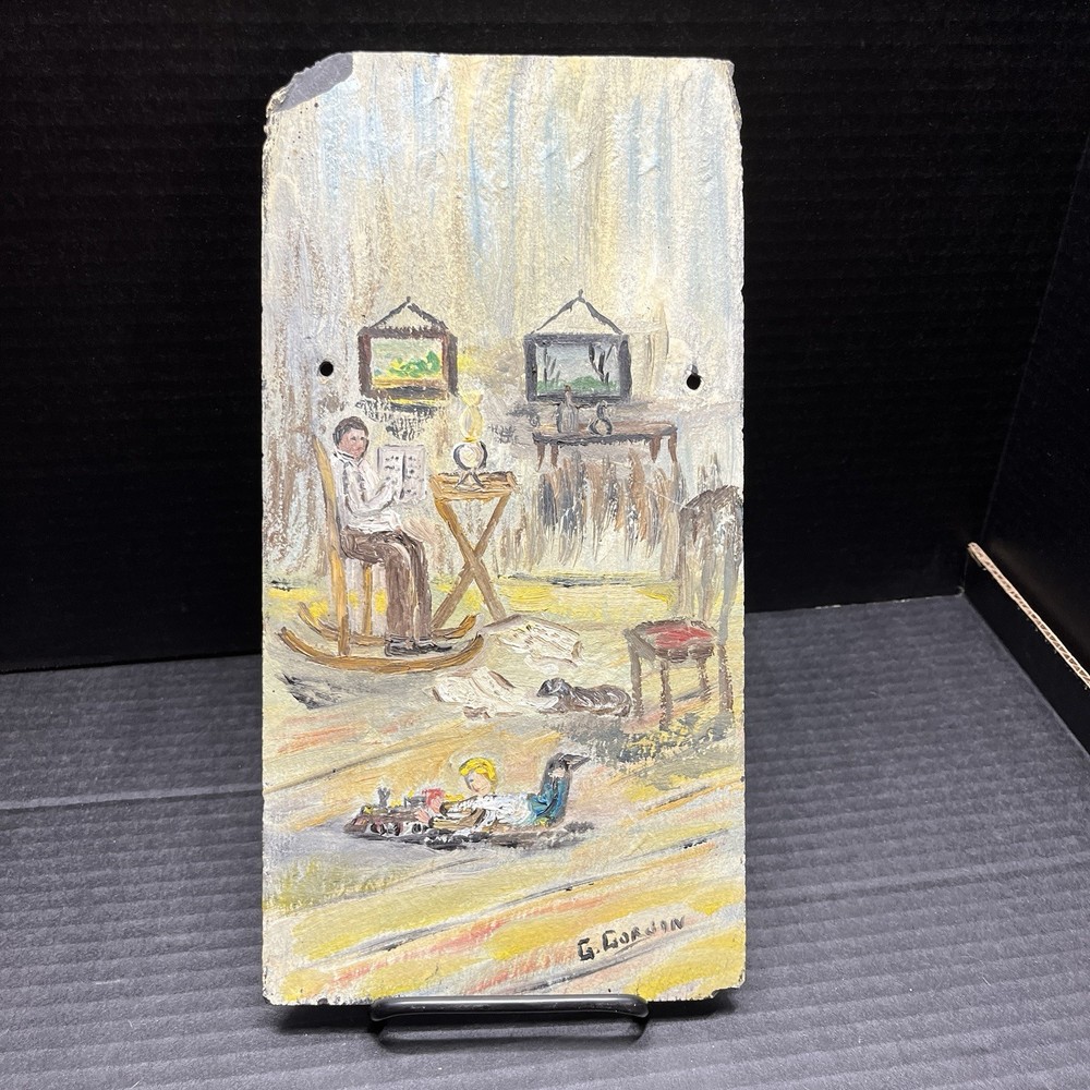 Vtg Painting On Slate Signed Dad Son & Dog Wall Hanging Primitive Decor 12 x 6″